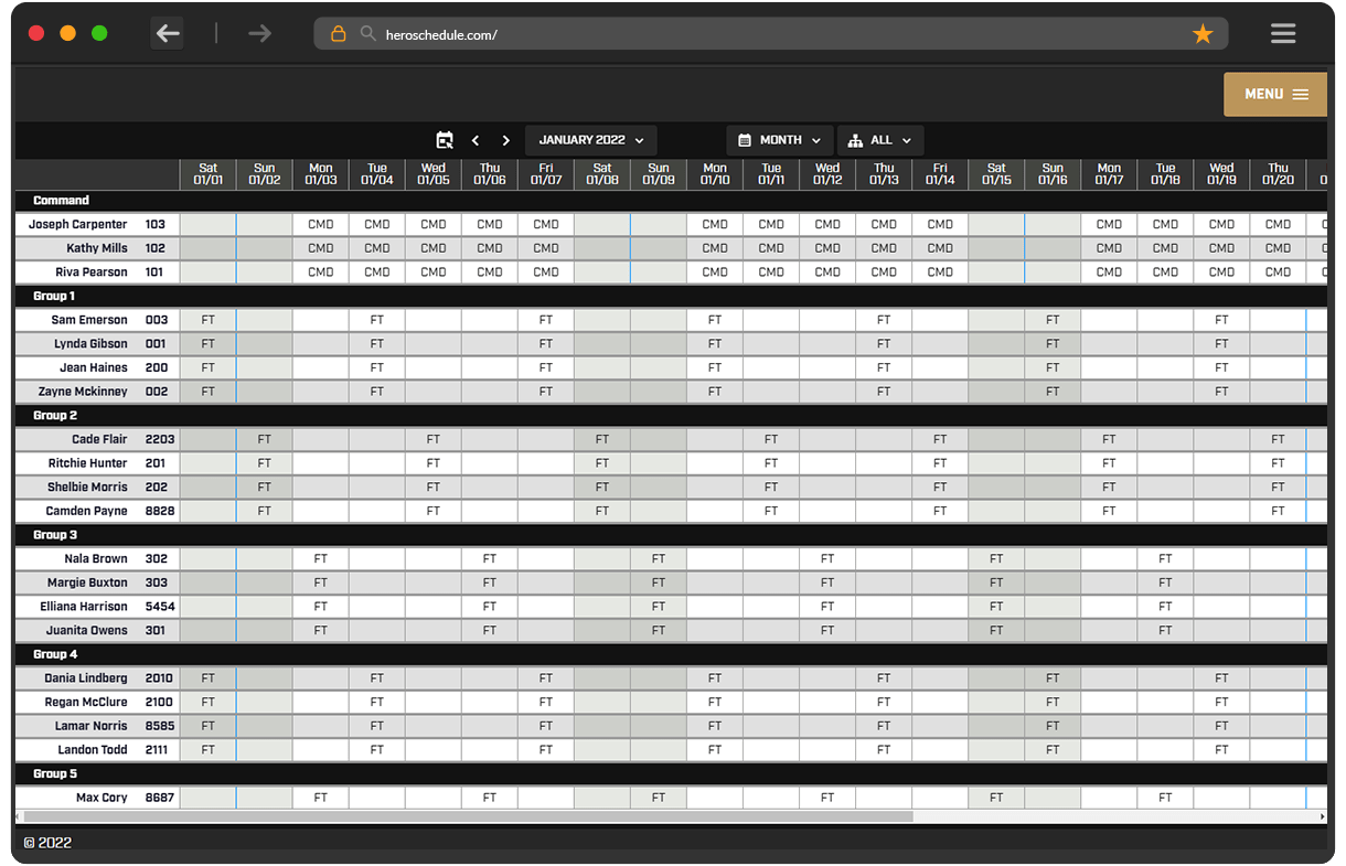 Hero Schedule month calendar view of all departments