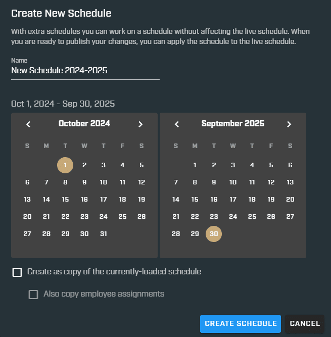 set up schedules date selector