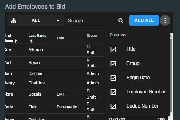 customizable columns on shift bidding