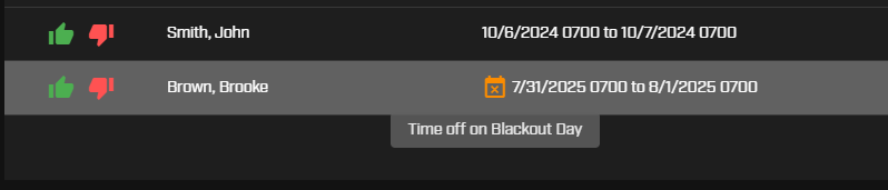 blackout date warning on approve requests tab