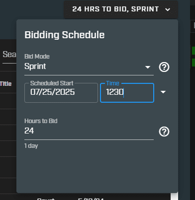 scheduled start for bidding
